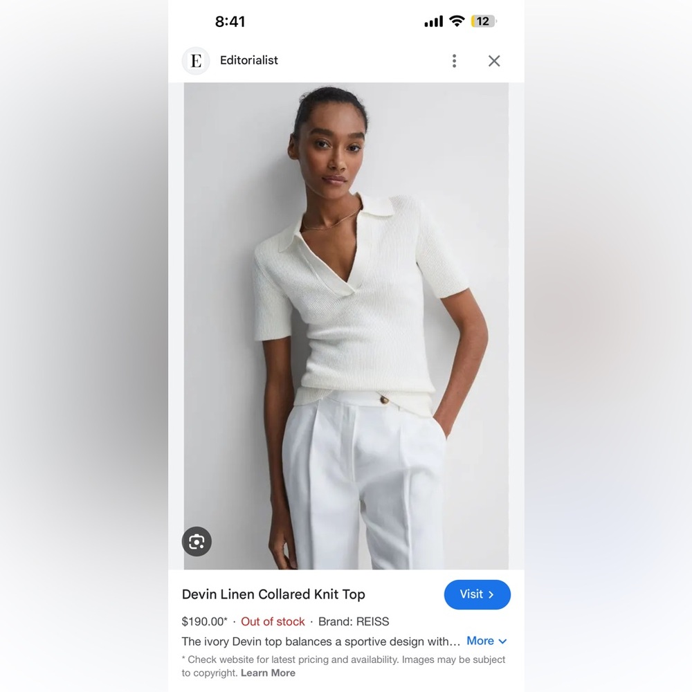 Reiss Ivory Devin Linen Collared Knit Top